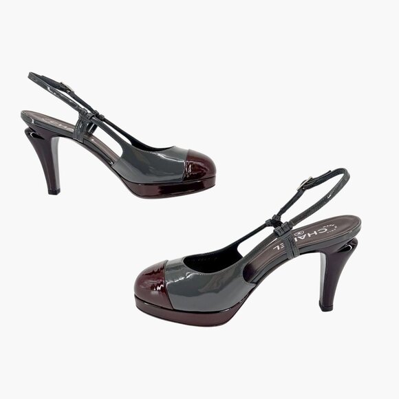 Chanel Gray Burgundy Patent Cap Toe Slingback Platform Pumps Size 37.5 US 6.5–7 - Picture 10 of 15